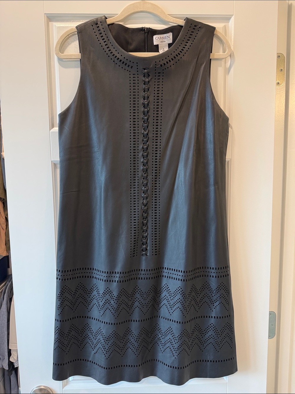 Carmen Marc Valvo Black Perforated Leather A-Line Dress